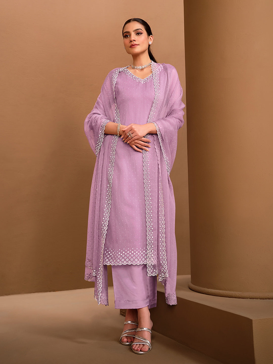 Red Zari Work Kurta Palazzo Suit With Organza Dupatta main image 1