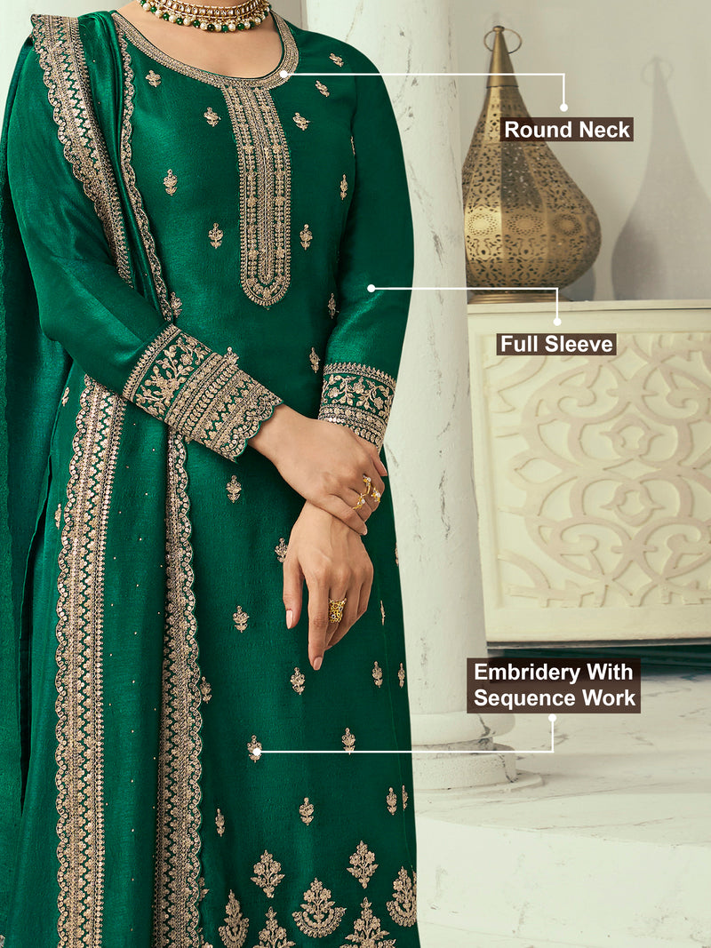 Green Art Silk Embroidery Salwar Suit Set with Dupatta For Women's