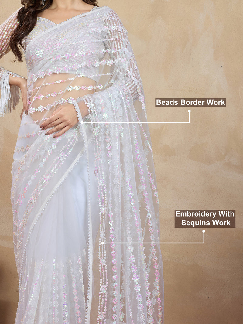 Women's White Net Embroidery Sequin work Saree with Unstitch Blouse Piece