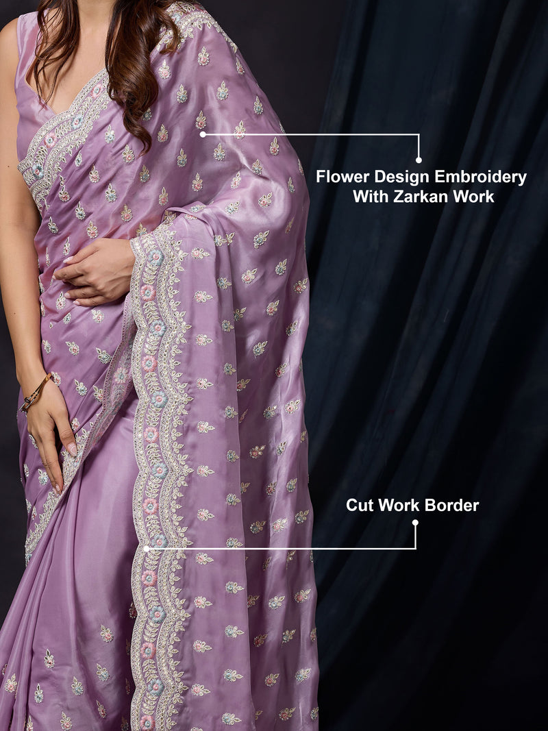 Women Satin Silk Embroidery Work Saree with Blouse Piece