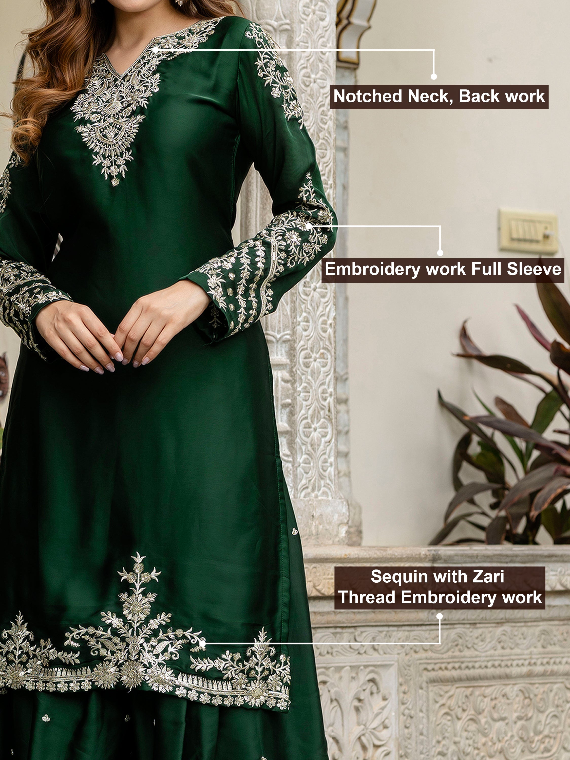 Darkgreen Satin Embroidery Kurta Palazzo with Dupatta Set For Women 's Trendmallsin