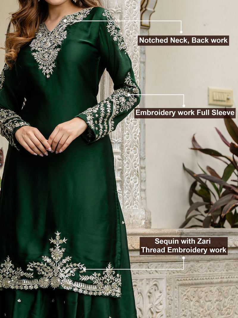 Darkgreen Satin Embroidery Kurta Palazzo with Dupatta Set For Women 's