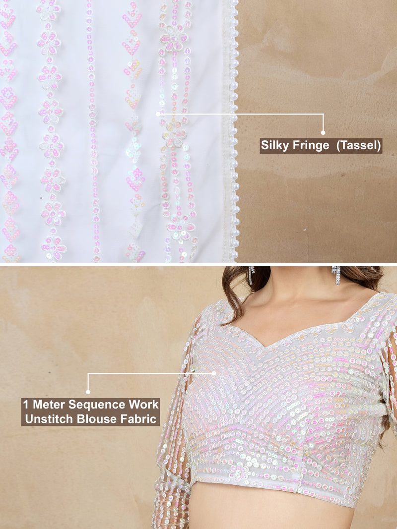 Women's White Net Embroidery Sequin work Saree with Unstitch Blouse Piece