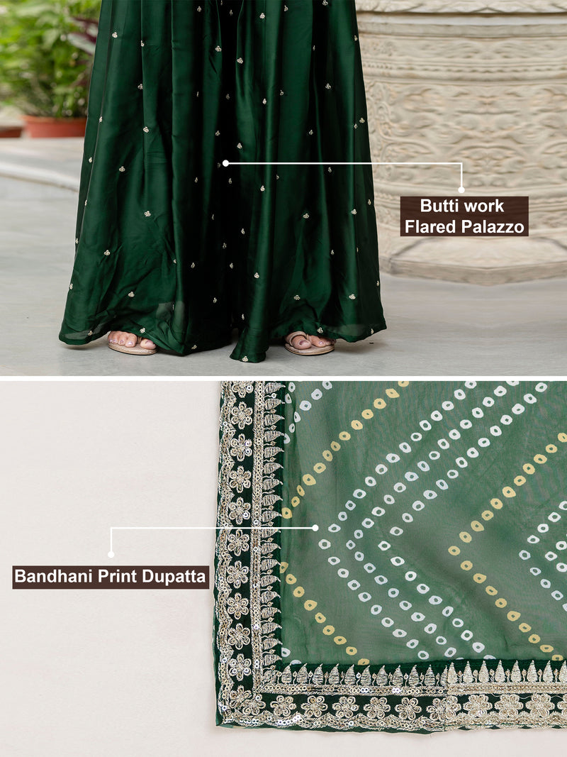Darkgreen Satin Embroidery Kurta Palazzo with Dupatta Set For Women 's