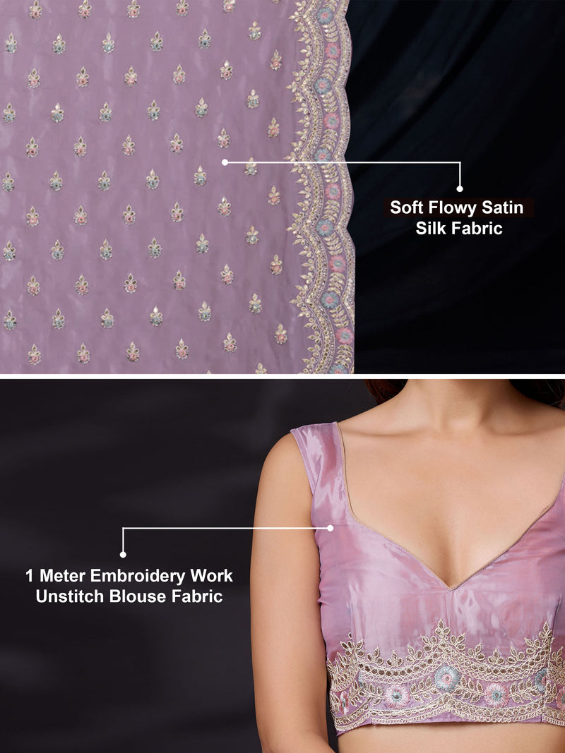 Women Satin Silk Embroidery Work Saree with Blouse Piece
