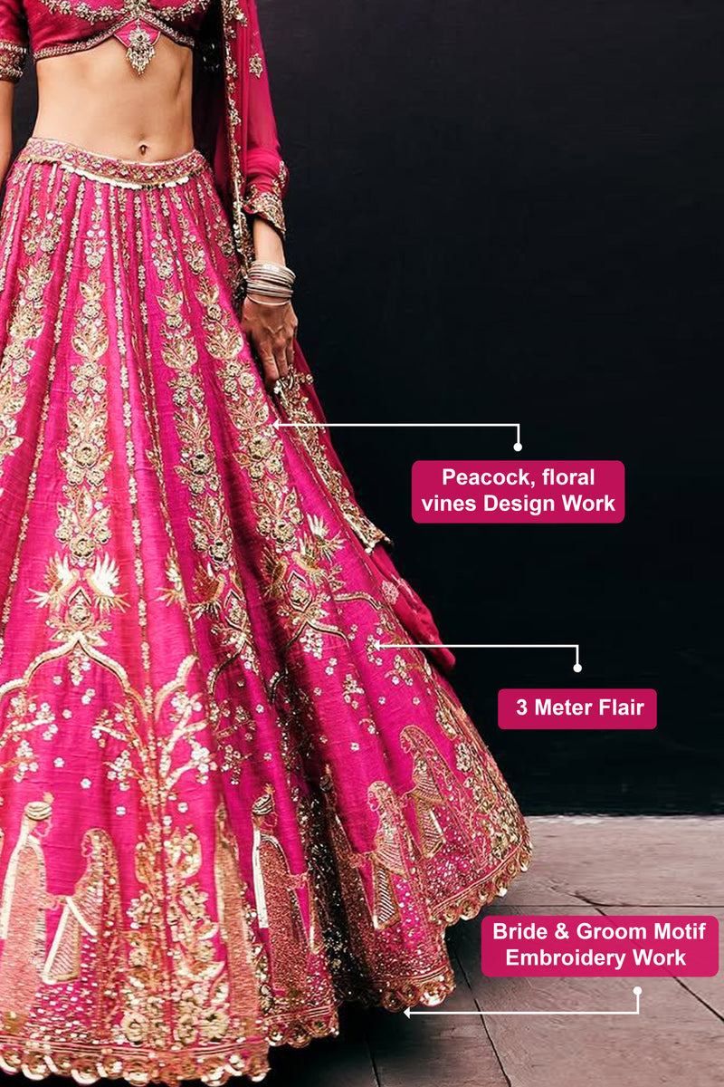 Pink Art Silk Semi Stitched Embroidery With Golden Sequin Work Lehenga Choli With Dupatta For Bridal