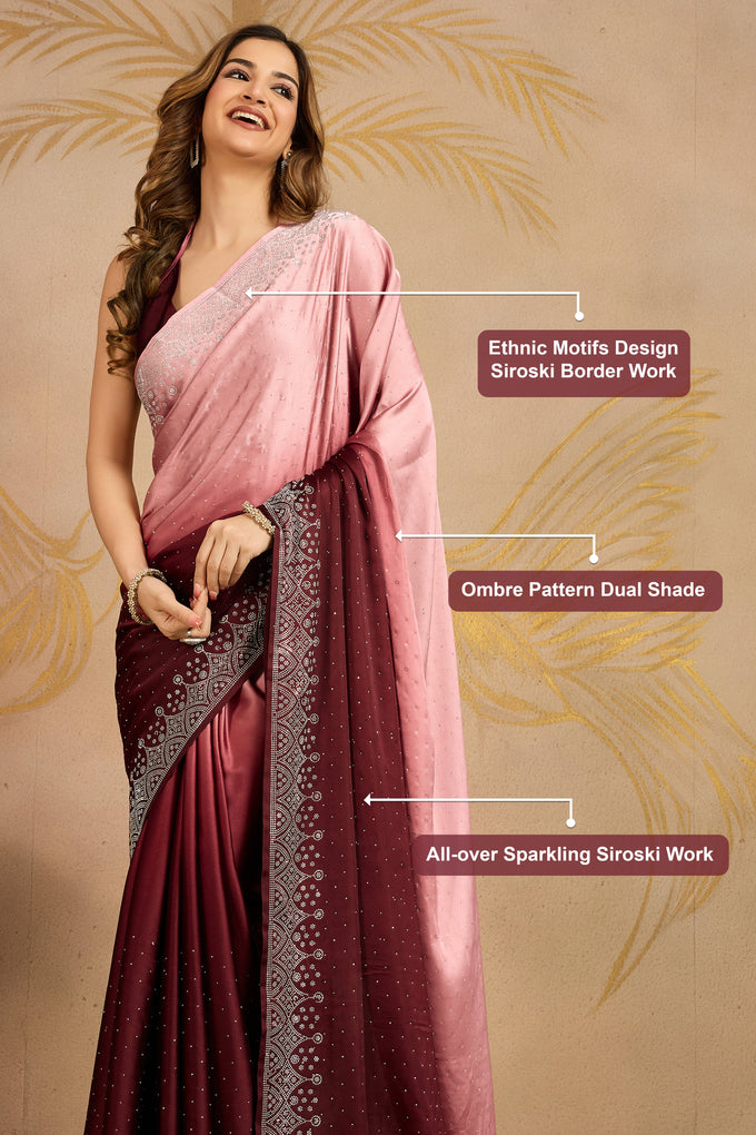Brown Satin Siroski Work Ombre Pattern Dual Shade Saree with Unstitch Blouse Piece For Women's Trendmalls