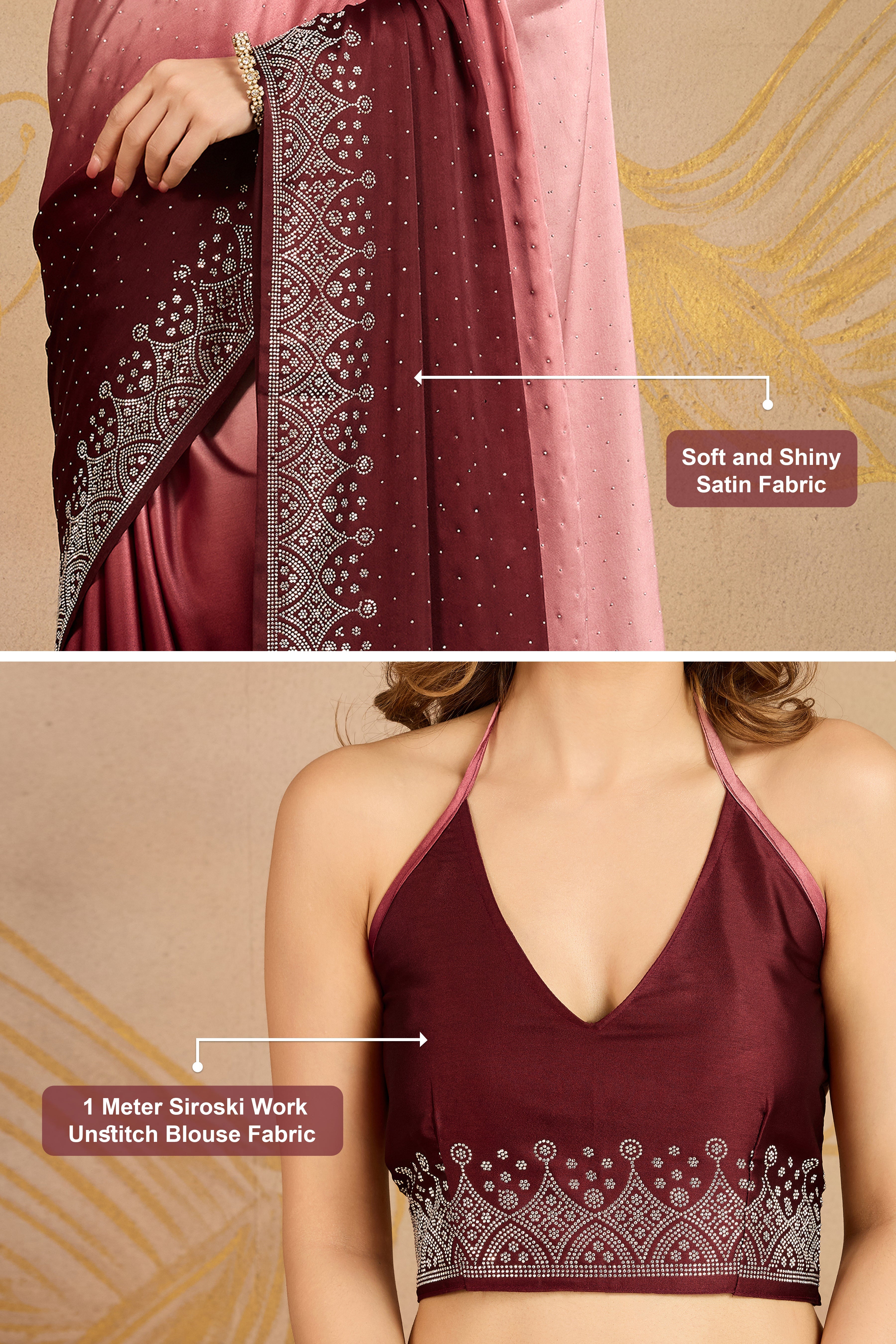 Brown Satin Siroski Work Ombre Pattern Dual Shade Saree with Unstitch Blouse Piece For Women's Trendmalls