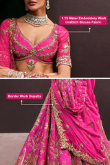 Pink Art Silk Semi Stitched Embroidery With Golden Sequin Work Lehenga Choli With Dupatta For Bridal