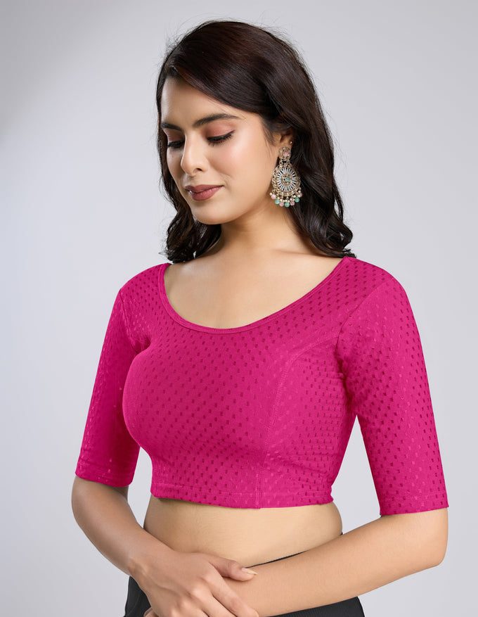 Women's Dobby Pure Cotton Elastin Stretchable Readymade Round Neck Elbow Length Sleeves Blouse Choli Stylish Saree Blouse Ready to Wear Trendmallsin