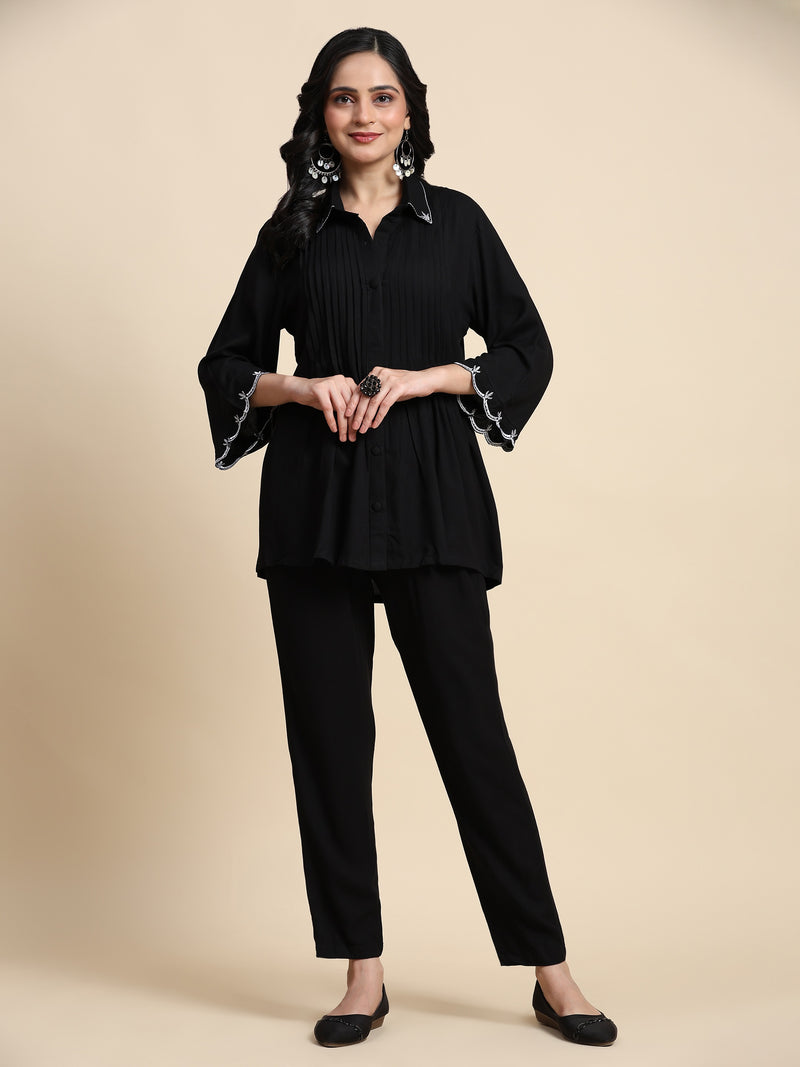 Cotton Black Co-Ords Set for Women Bell Sleeve Shirt For Women