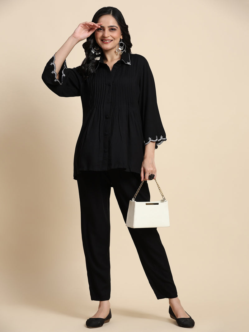 Cotton Black Co-Ords Set for Women Bell Sleeve Shirt For Women