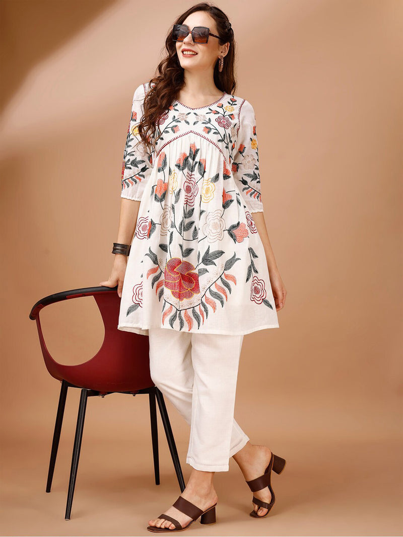 White Cotton Alia Cut Co Ords Set A line Kurta Ser for Women
