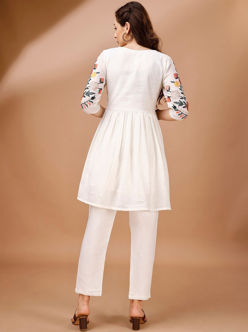 White Cotton Alia Cut Co Ords Set A line Kurta Ser for Women