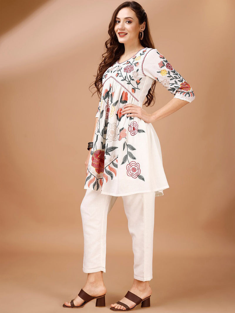 White Cotton Alia Cut Co Ords Set A line Kurta Ser for Women