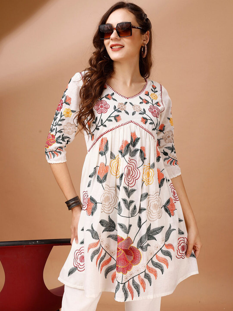 White Cotton Alia Cut Co Ords Set A line Kurta Ser for Women