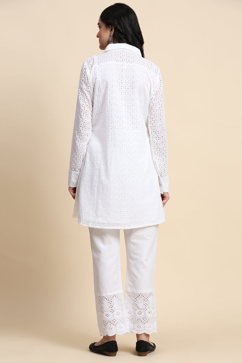 White Cotton Schiffli Co-Ords Set for Women