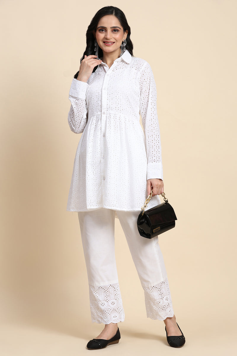 White Cotton Schiffli Co-Ords Set for Women