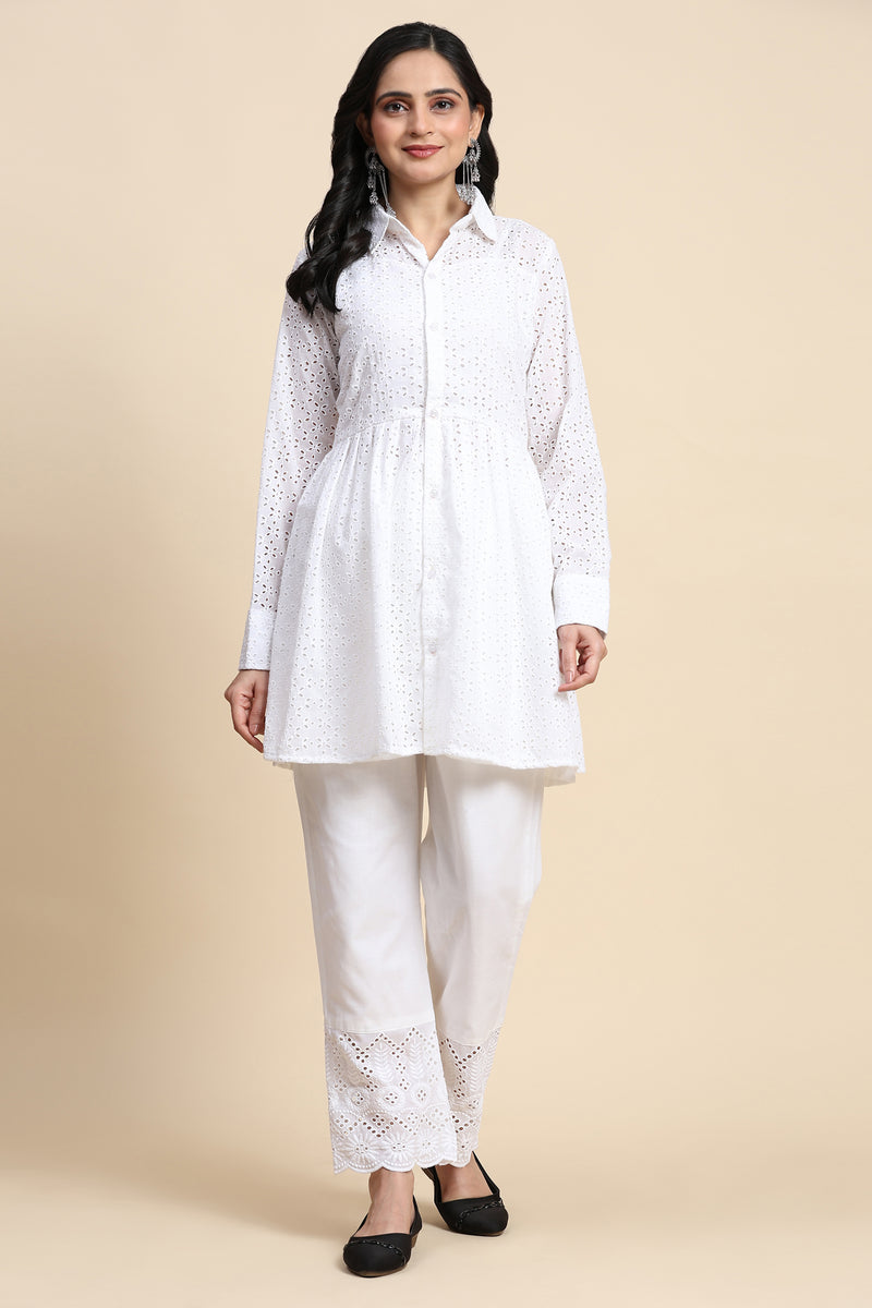White Cotton Schiffli Co-Ords Set for Women