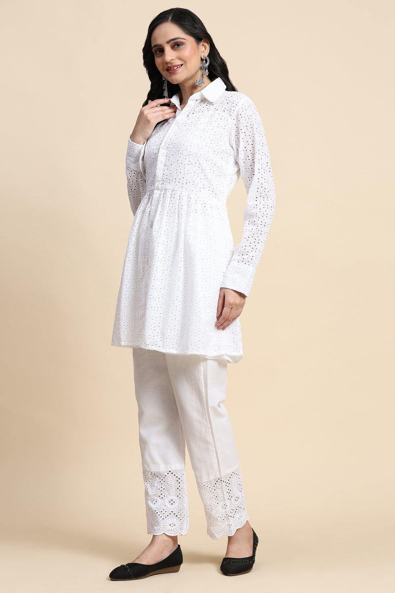 White Cotton Schiffli Co-Ords Set for Women