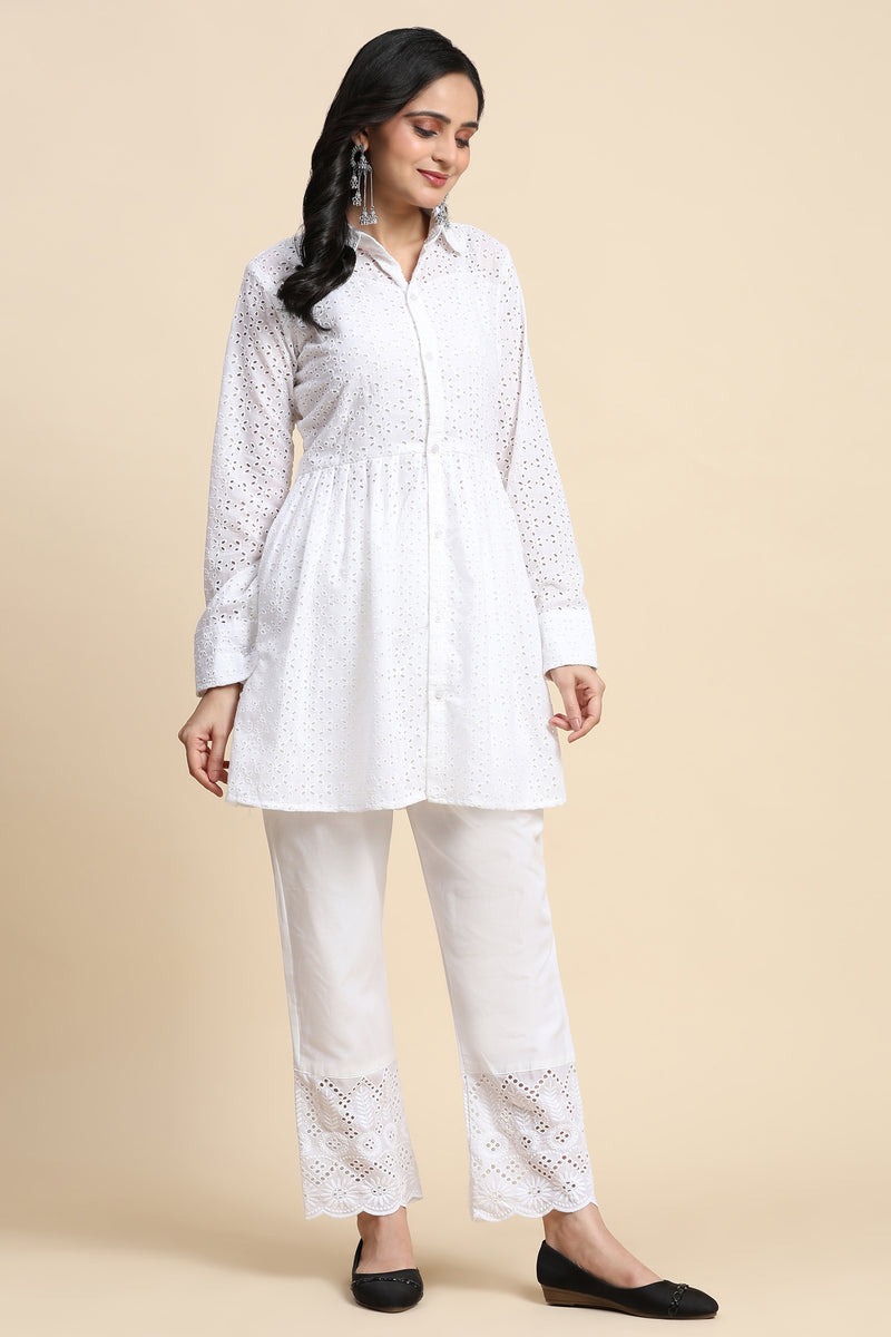 White Cotton Schiffli Co-Ords Set for Women