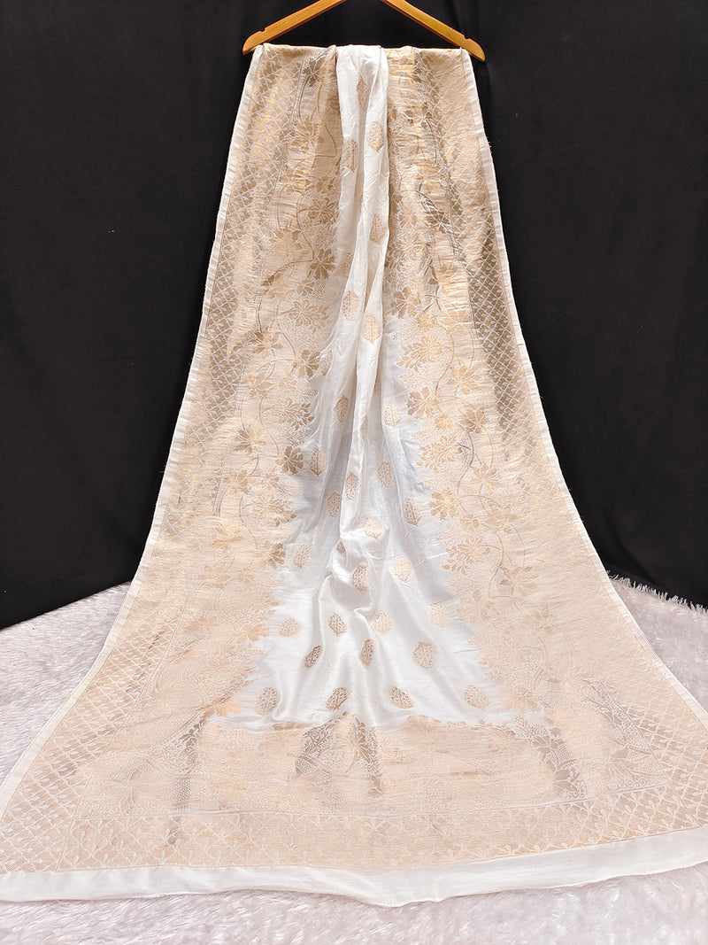 Women's Banarasi Silk Ethnic Motiff Design Dupatta(White)