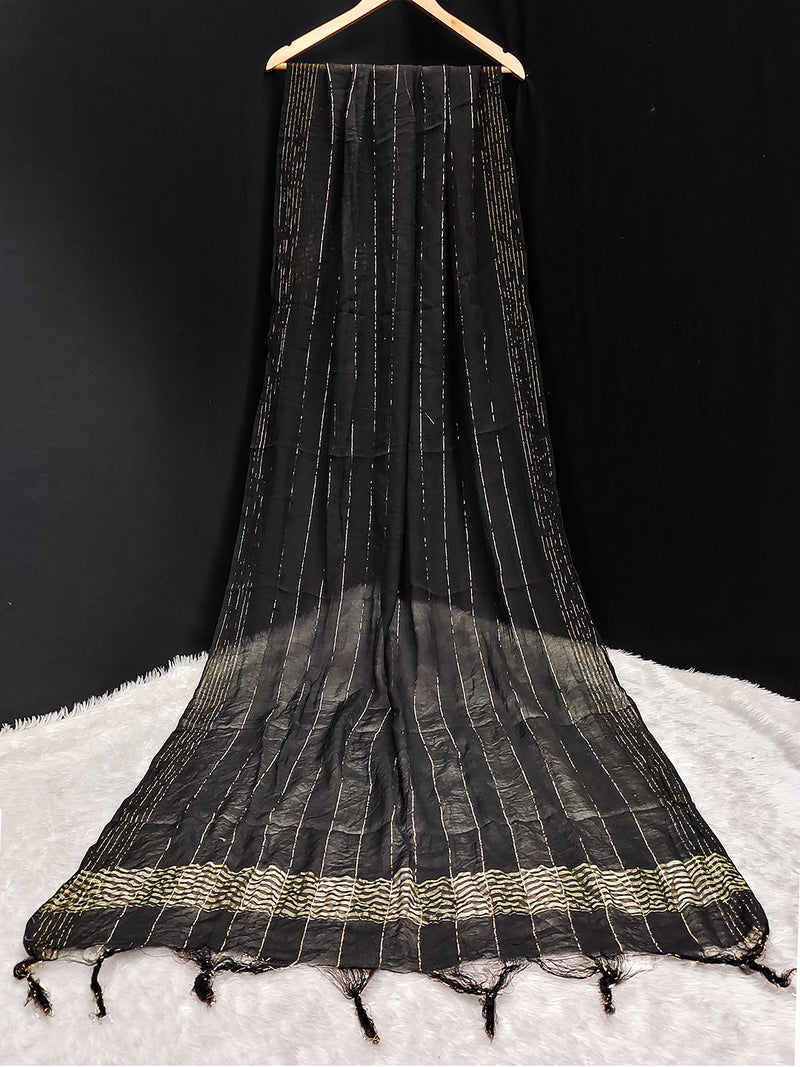 Women's Chinon Silk Golden Zari Weaving Stripes Design Dupatta
