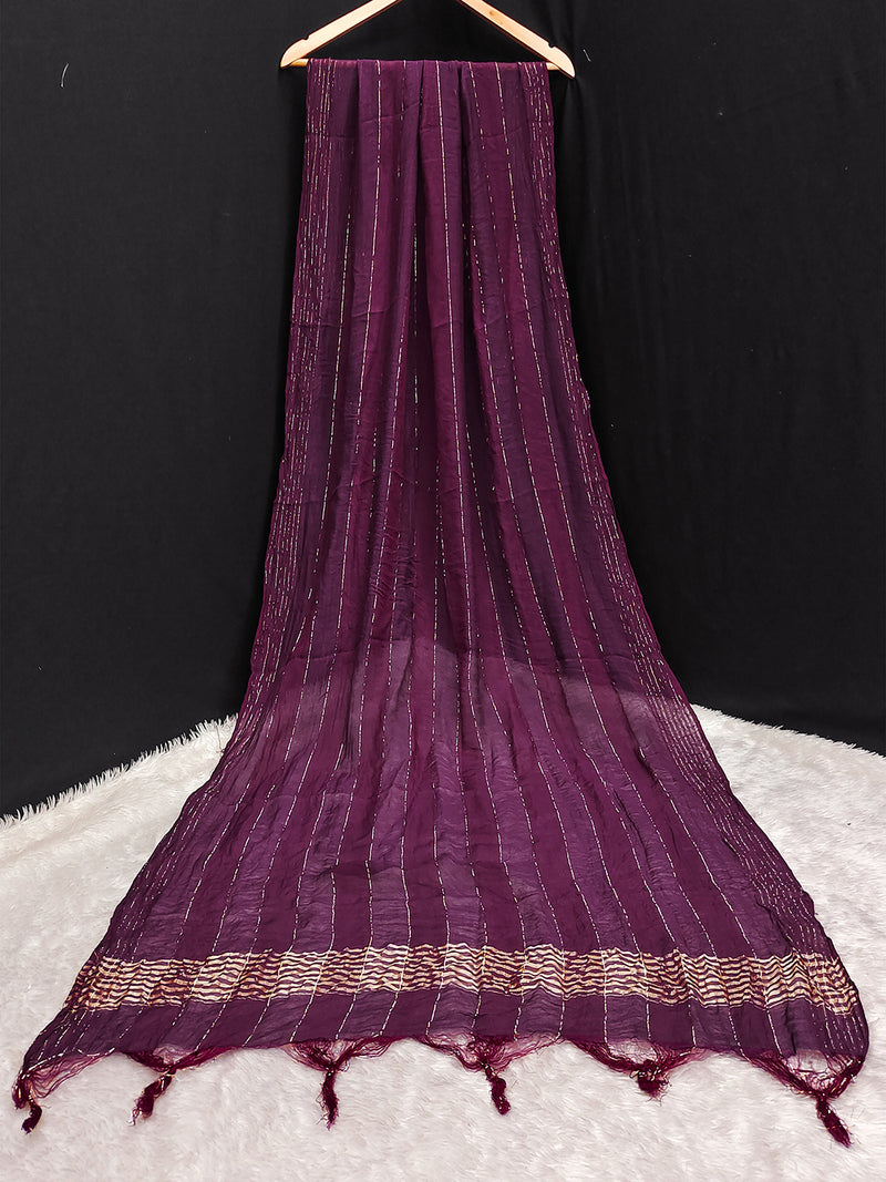 Women's Chinon Silk Golden Zari Weaving Stripes Design Dupatta