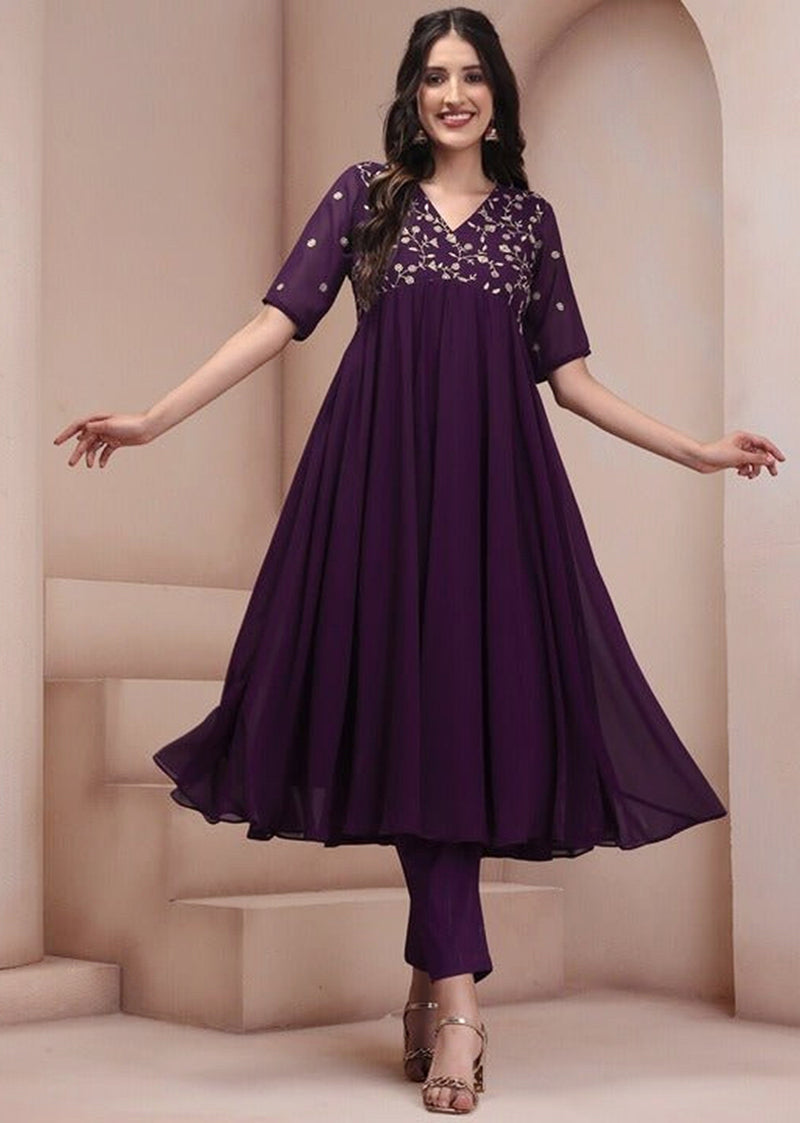 Georgette Embroidery Anarkali Kurta Set for Women (Purple)