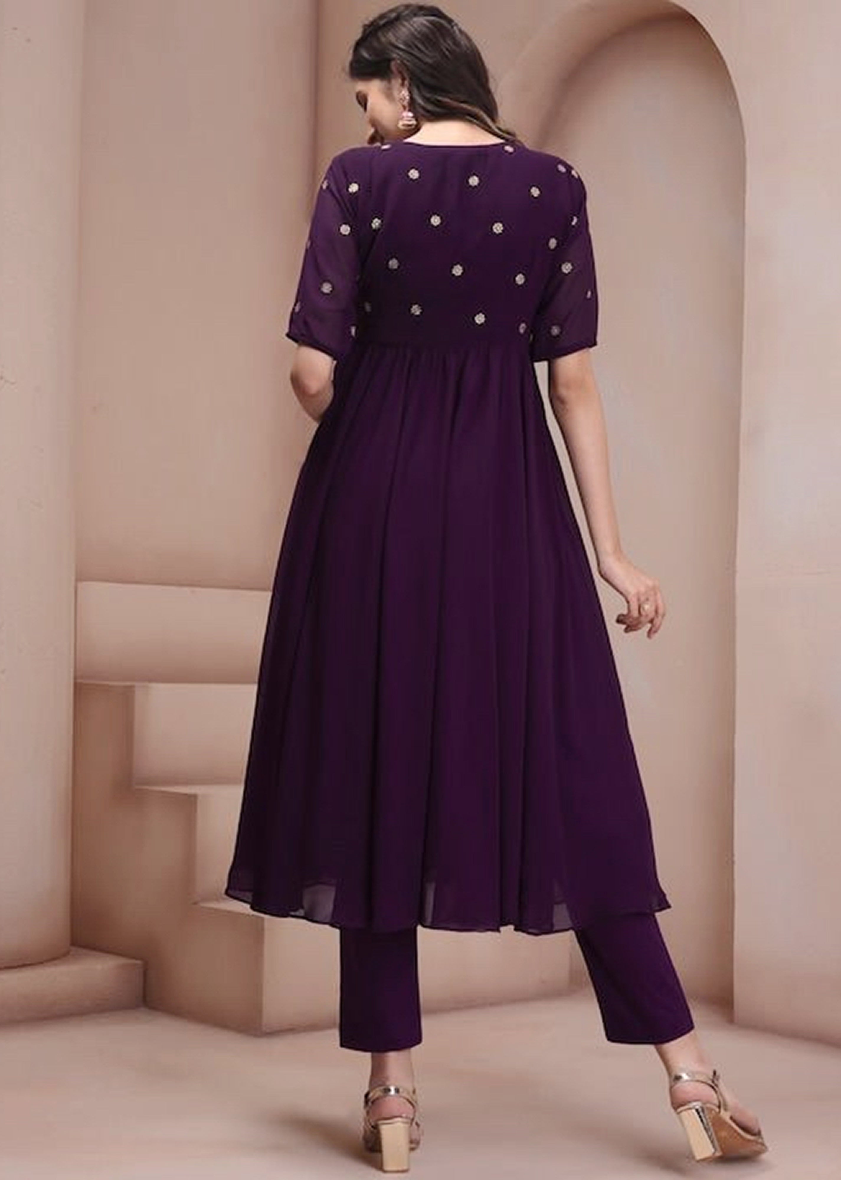 Georgette Embroidery Anarkali Kurta Set for Women (Purple) Trendmallsin