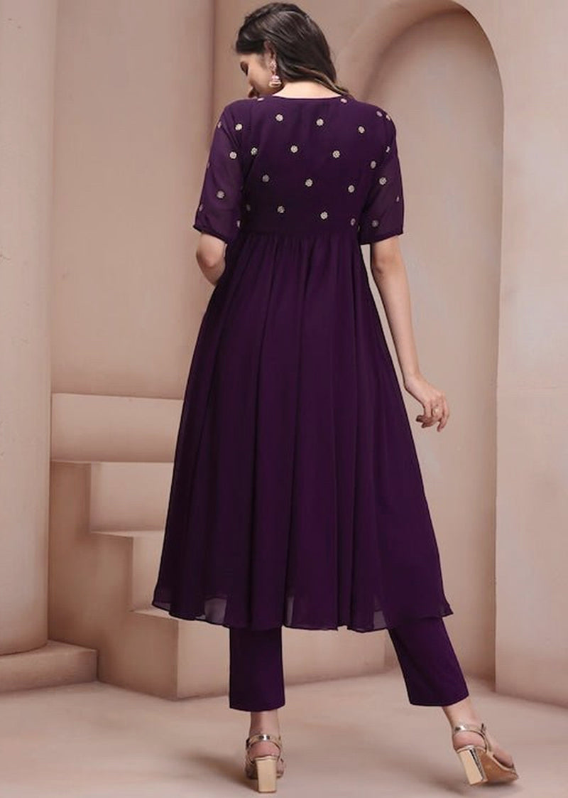 Georgette Embroidery Anarkali Kurta Set for Women (Purple)