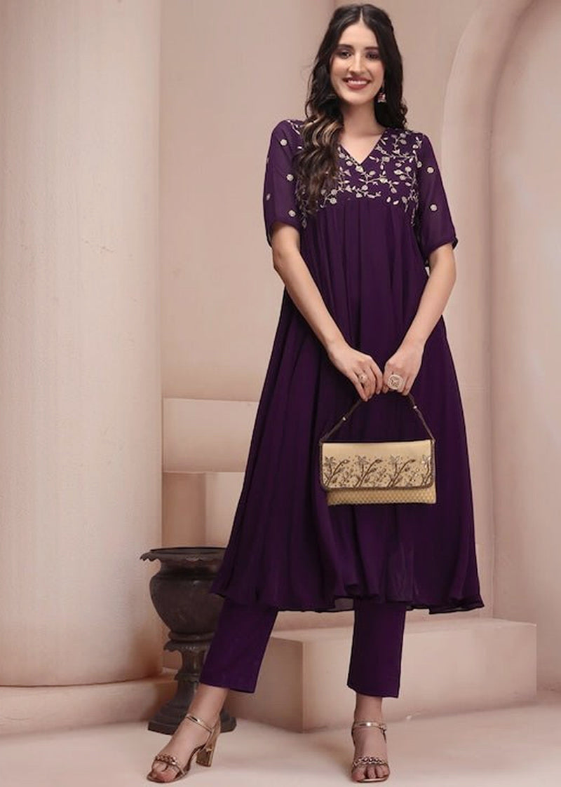 Georgette Embroidery Anarkali Kurta Set for Women (Purple)