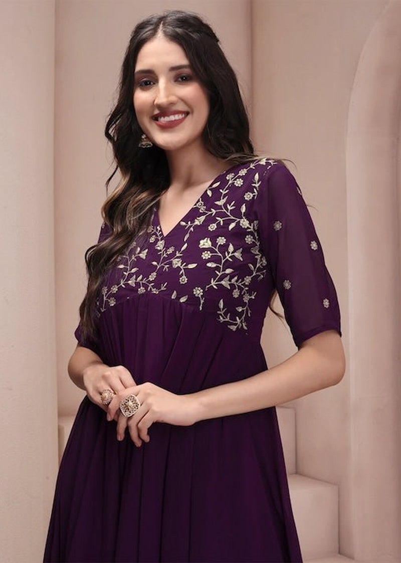 Georgette Embroidery Anarkali Kurta Set for Women (Purple)