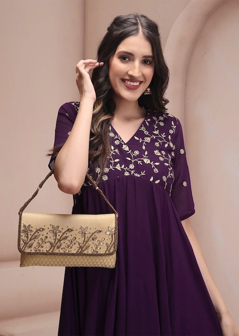 Georgette Embroidery Anarkali Kurta Set for Women (Purple)