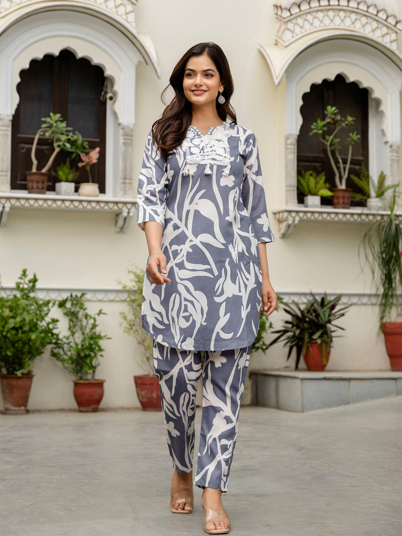 Women's Grey Slub Magic Cotton Digital Print Kurta Palazzo Set