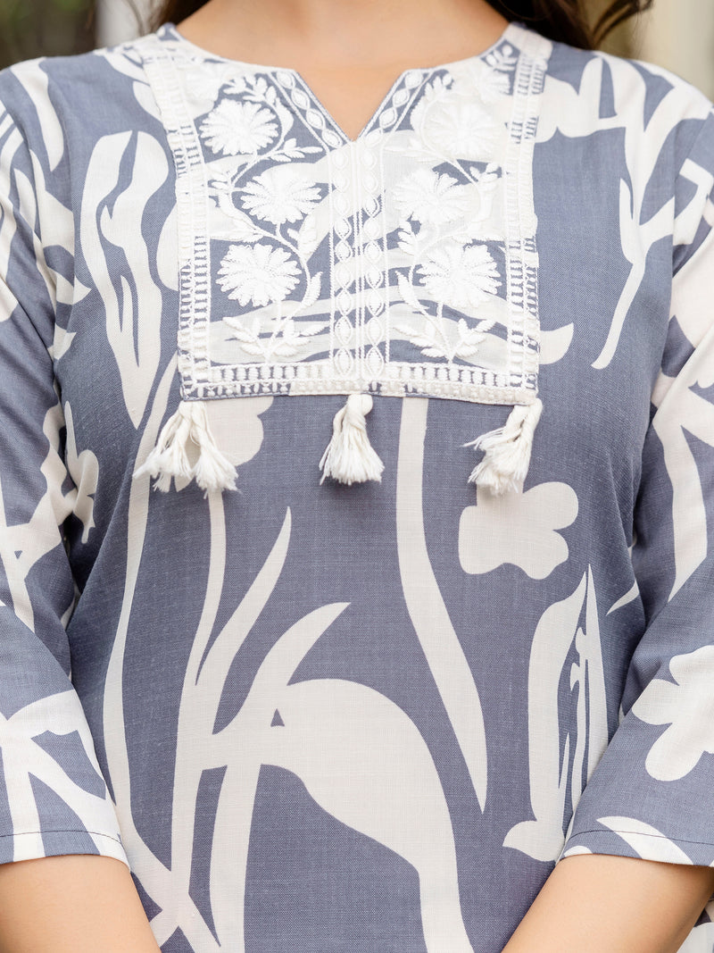 Women's Grey Slub Magic Cotton Digital Print Kurta Palazzo Set