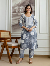 Grey Slub Magic Cotton Digital Print Kurta Palazzo Set For Woman's