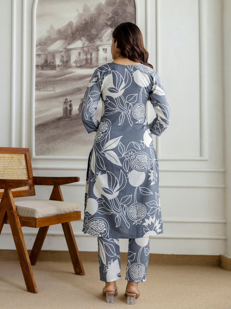 Grey Slub Magic Cotton Digital Print Kurta Palazzo Set For Woman's
