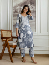 Grey Slub Magic Cotton Digital Print Kurta Palazzo Set For Woman's