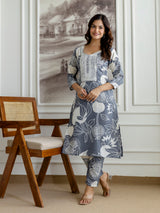 Grey Slub Magic Cotton Digital Print Kurta Palazzo Set For Woman's