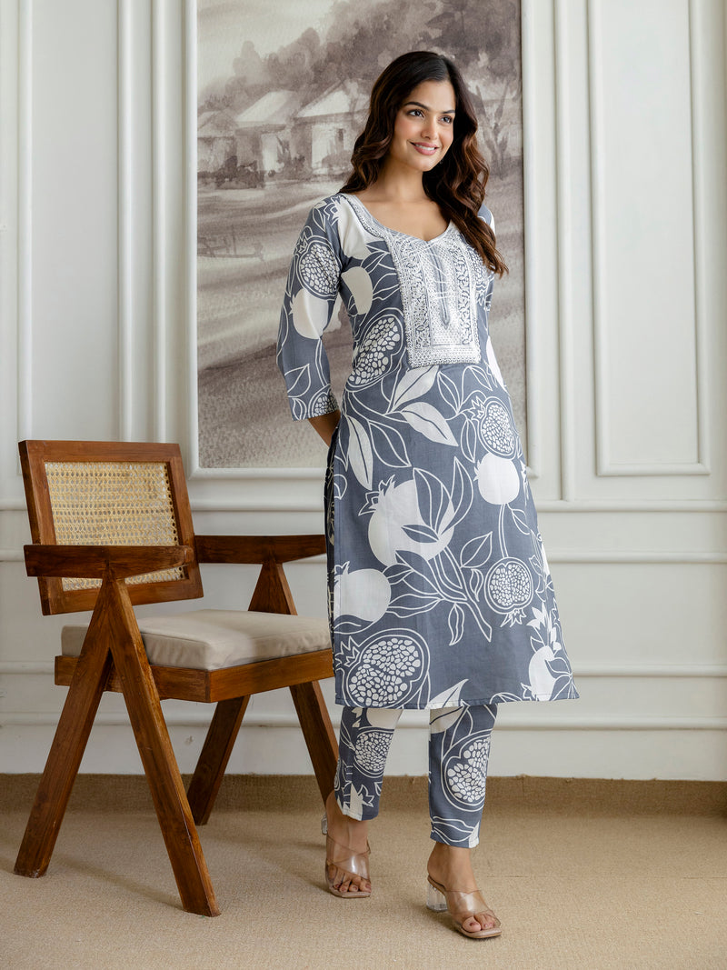 Grey Slub Magic Cotton Digital Print Kurta Palazzo Set For Woman's
