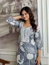 Grey Slub Magic Cotton Digital Print Kurta Palazzo Set For Woman's