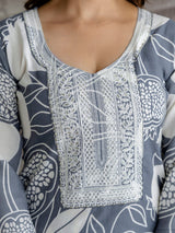 Grey Slub Magic Cotton Digital Print Kurta Palazzo Set For Woman's