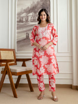 Pink Slub Magic Cotton Digital Print Kurta Palazzo Set For Woman's