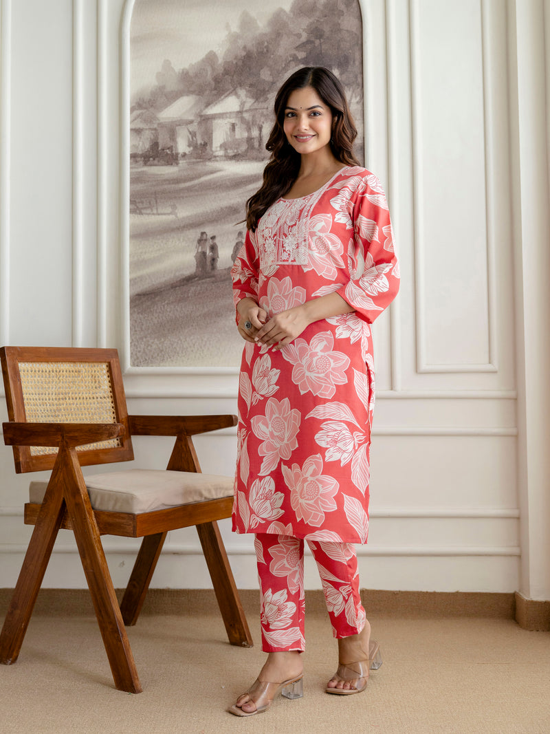 Pink Slub Magic Cotton Digital Print Kurta Palazzo Set For Woman's