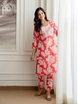 Pink Slub Magic Cotton Digital Print Kurta Palazzo Set For Woman's