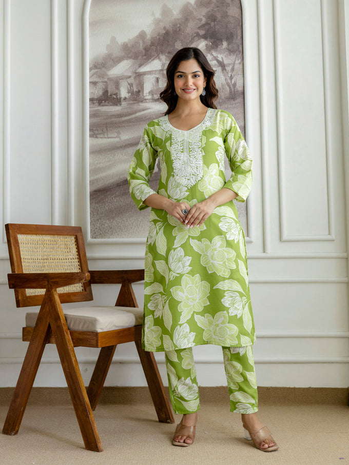 Lightgreen Slub Magic Cotton Digital Print Kurta Palazzo Set For Woman's Trendmalls