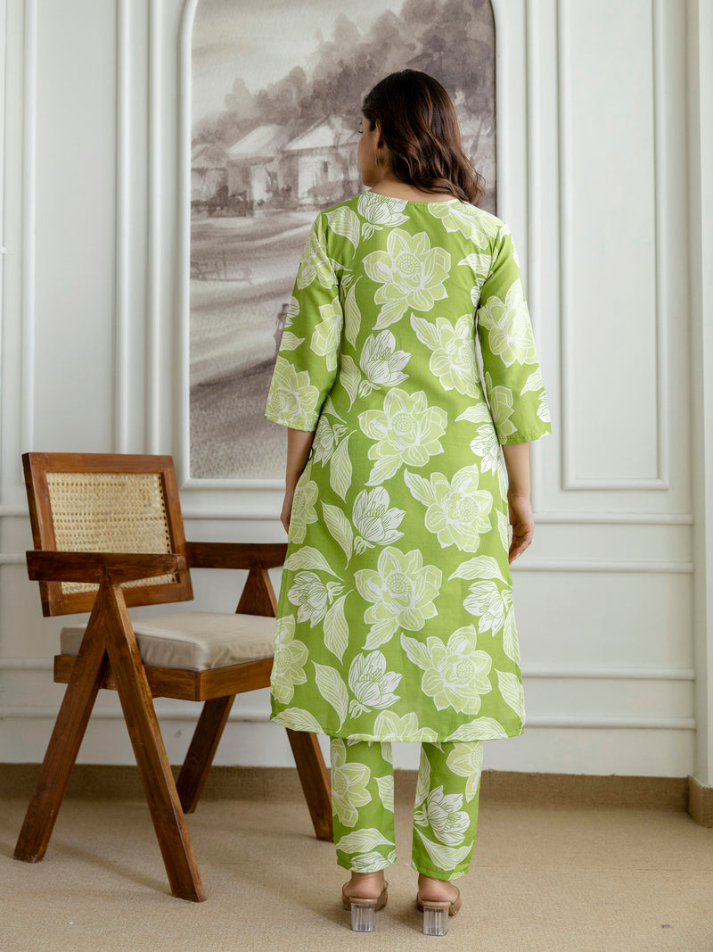 Lightgreen Slub Magic Cotton Digital Print Kurta Palazzo Set For Woman's