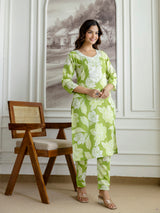 Lightgreen Slub Magic Cotton Digital Print Kurta Palazzo Set For Woman's