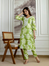 Lightgreen Slub Magic Cotton Digital Print Kurta Palazzo Set For Woman's